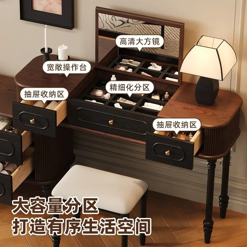 French retro double-color dresser, American flip top with mirror integrated solid wood makeup table red oak