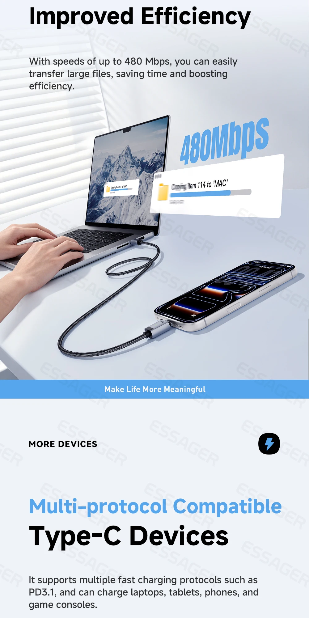 Essager USB C Cable 240W Magnetic USB Type C Cable PD 5A Fast Charging Data Cord For iPhone 17 Macbook Pro Xiaomi Huawei Samsung