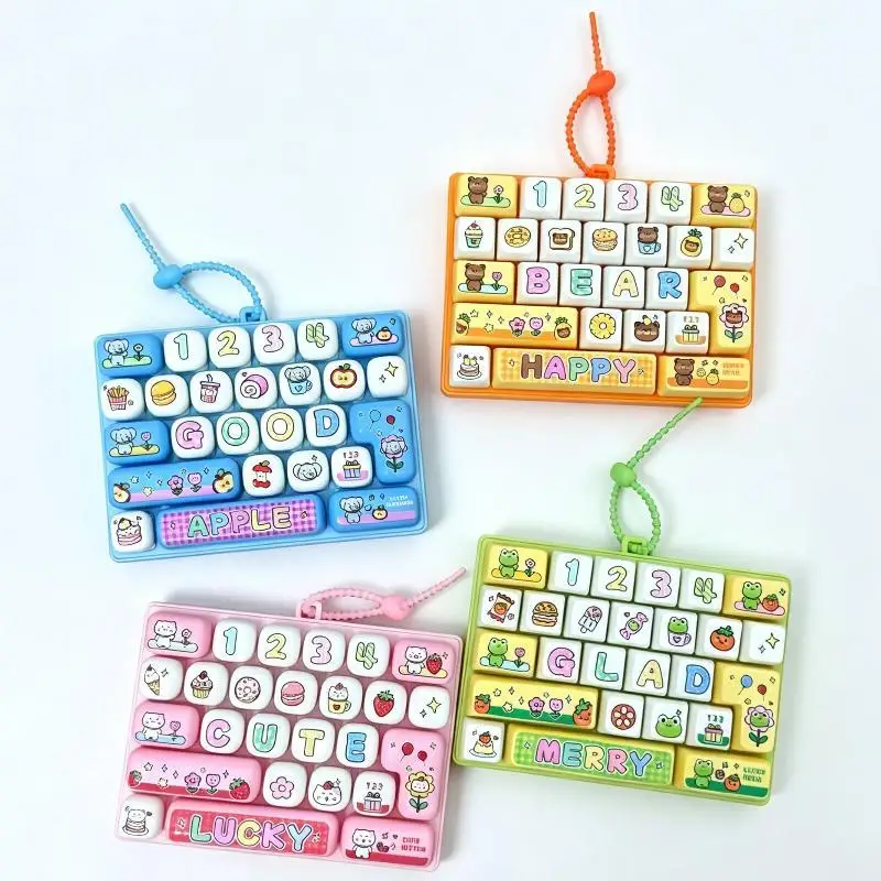 Cartoon Mini Fidget Keyboard Keychain 26 Fun Pattern Buttons Portable Lanyard Small Toy for Kids Easter Basket Fillers