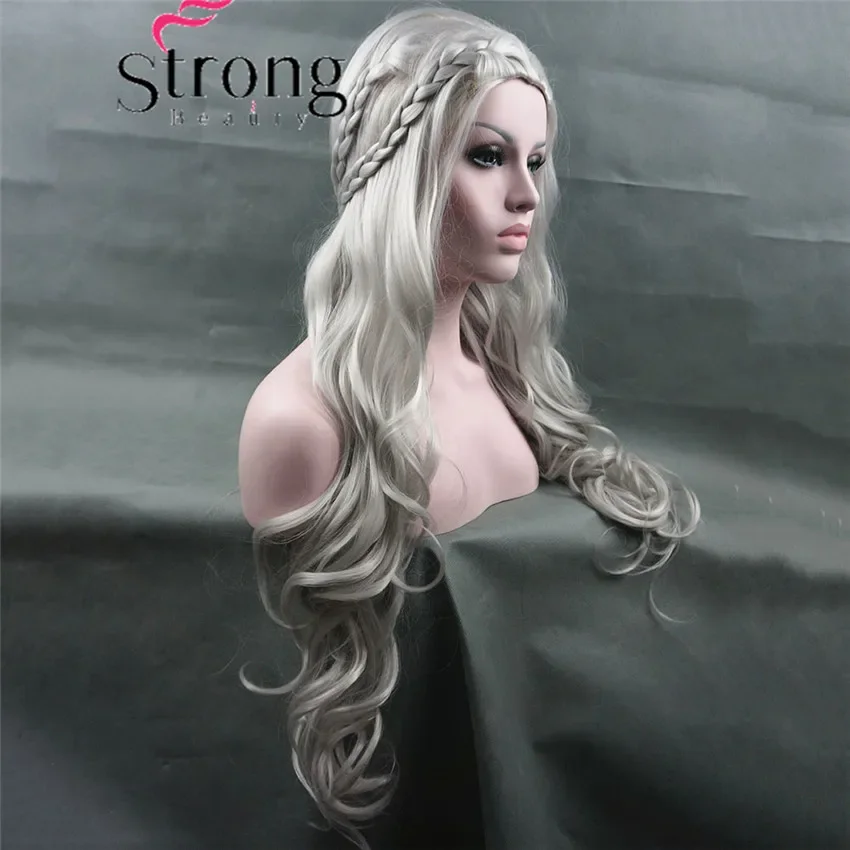 Strongbeauty longo ondulado prata fantasia de peruca cosplay peruca de cabelo peruca