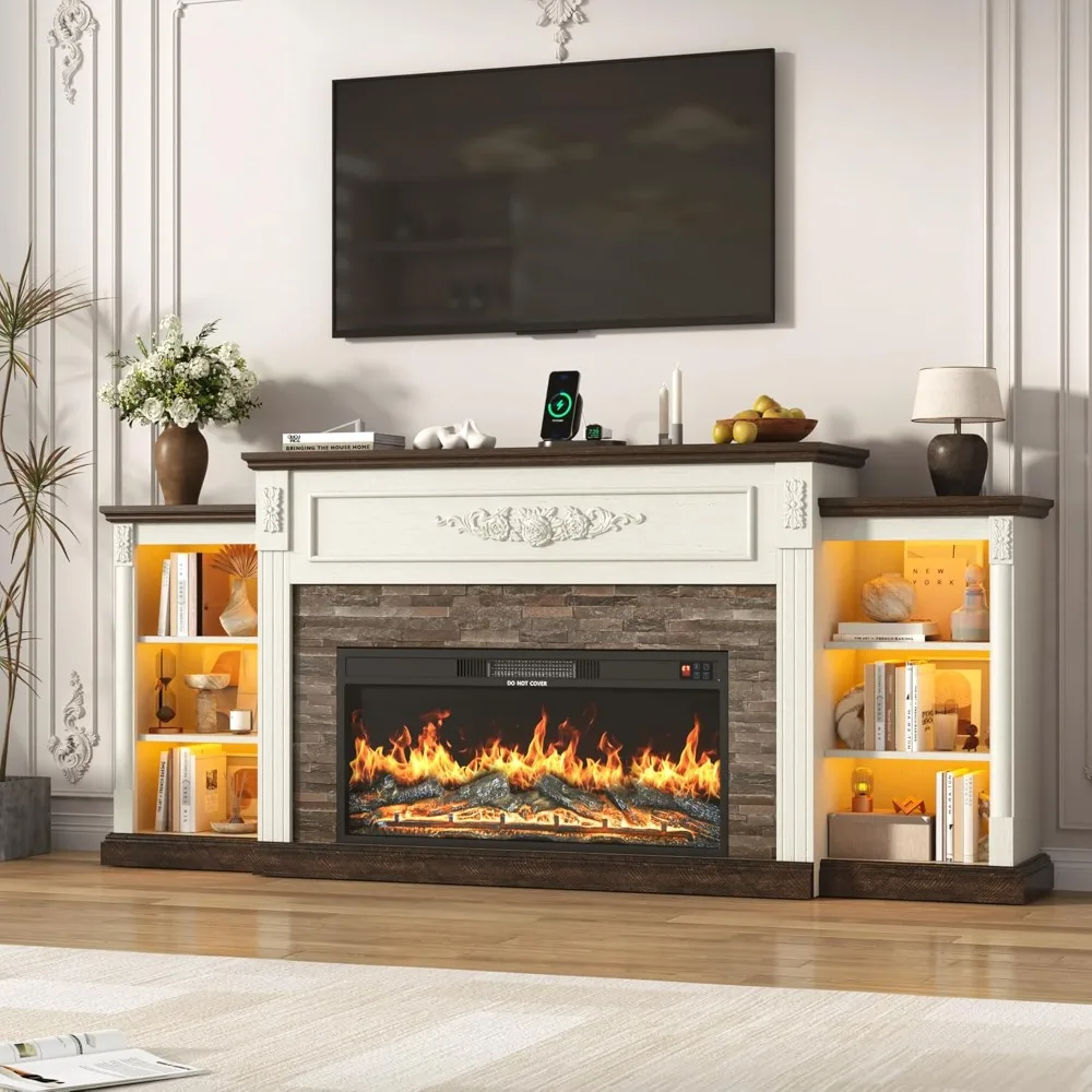 

85-Inch Electric Fireplace with Farmhouse Mantel and TV Stand for 95-Inch TVs, 37.6-Inch Tall Entertainment Center
