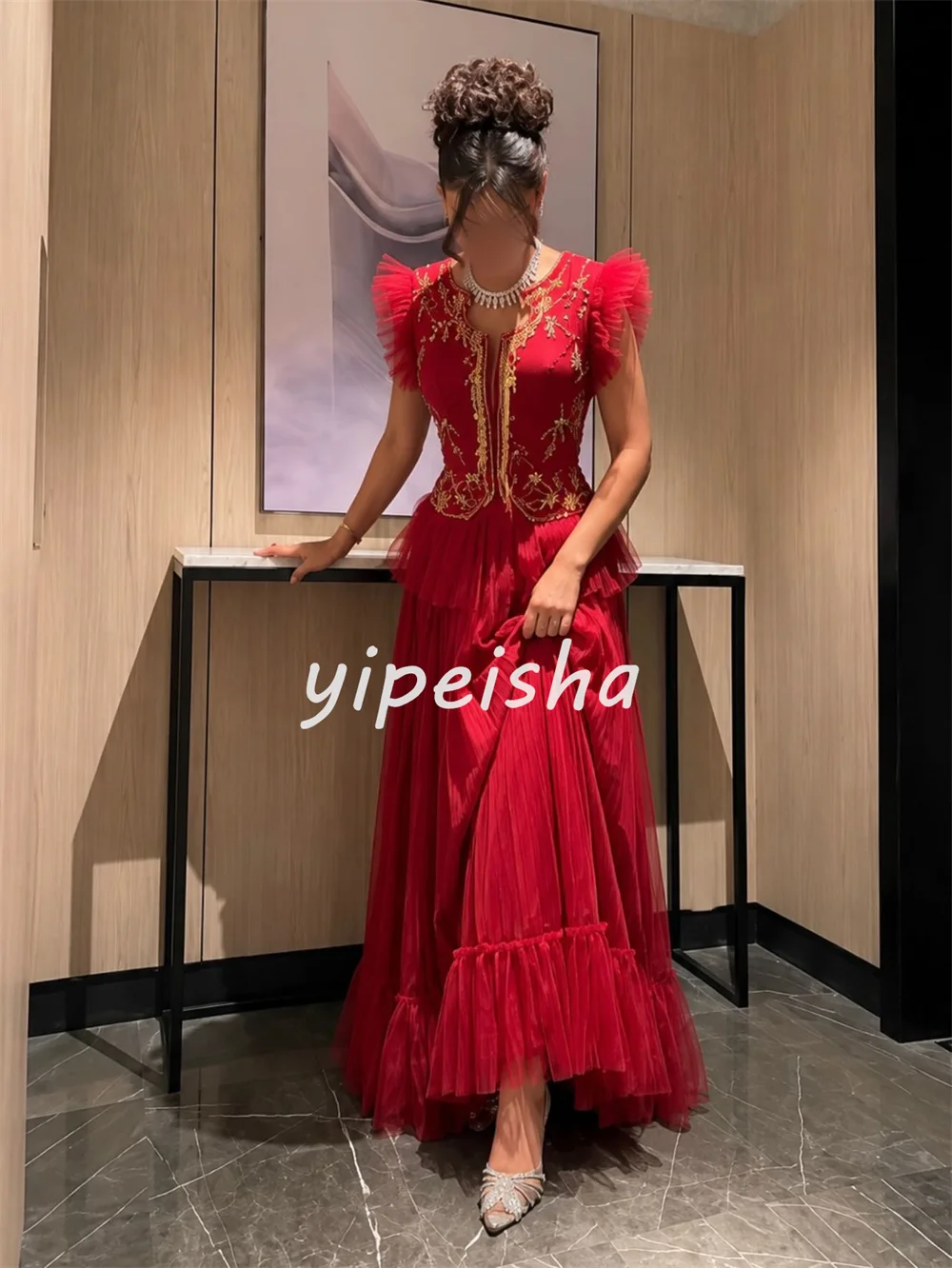 Customized Red Matching Sparkle Tulle Pleat Draped Beading Crystal A-line High Collar Floor-Length Evening Dresses High Quality