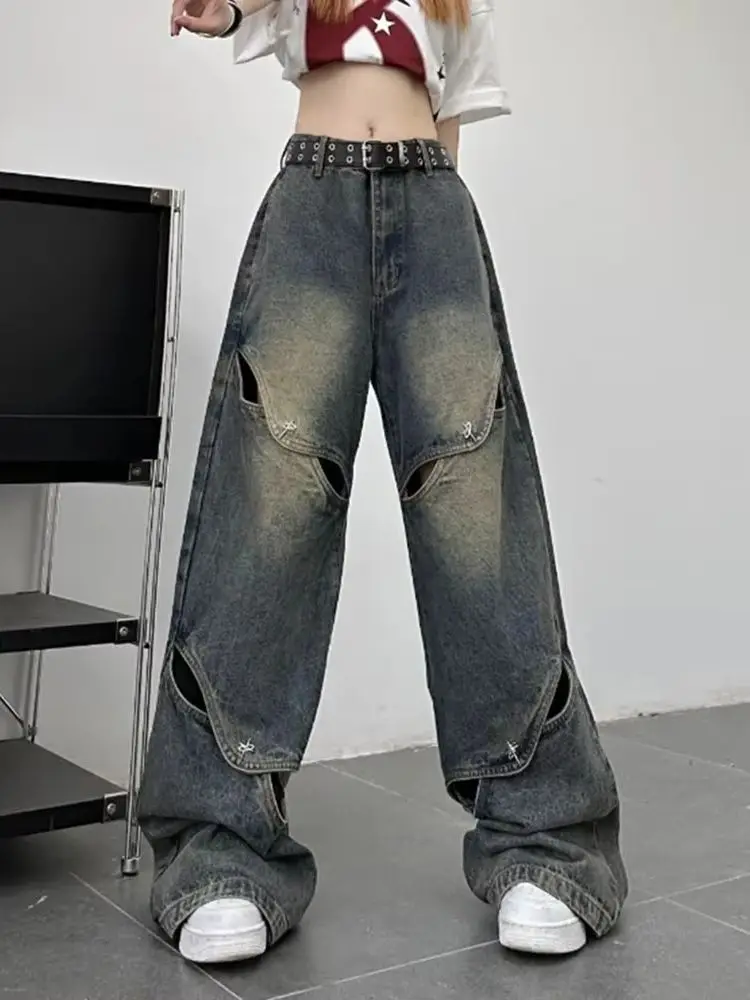 New Jeans Women Hole All-Match American Style Harajuku Baggy Distressed Washed Denim Trousers High Street Hotsweet Autumn Y2K