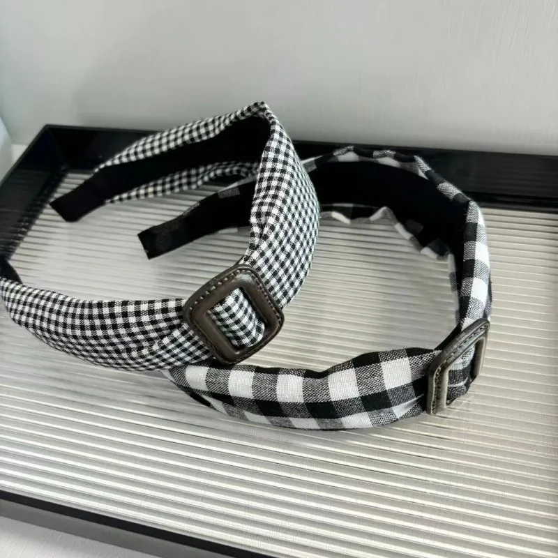

British French Style Checkered High Crown Headband Black White Non-Slip Hair Hoop Accessory