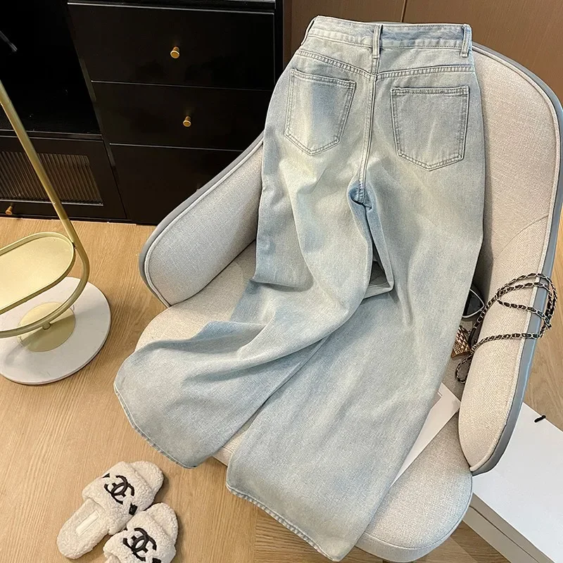 2024 New Arrival Spring Korea Fashion Women Elastic Waist Loose Jeans Pink letter embroidery Cotton Denim Wide Leg Pants P563