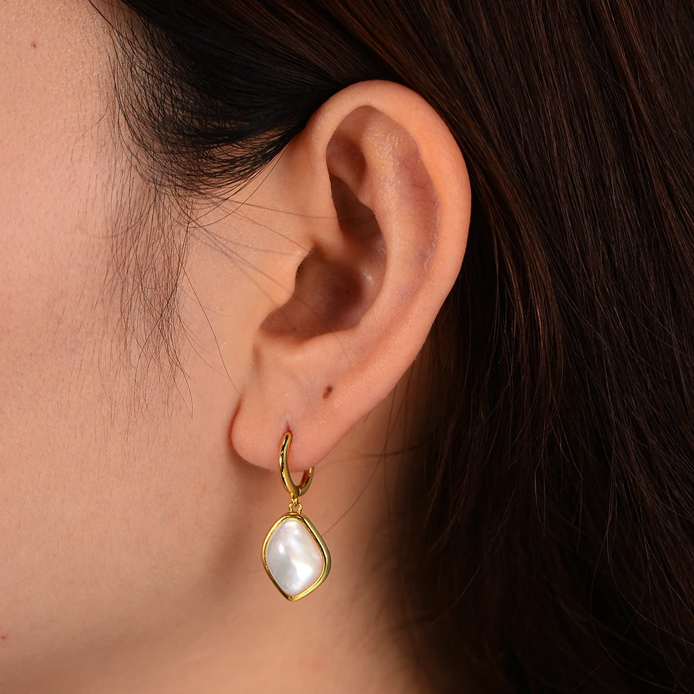 Custom Jewelry 925 Sterling Silver 14K Gold Plated Custom Gem Gemstone Shell Hoop Earrings For Women