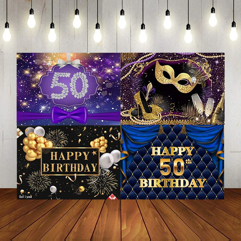 Gold Royal Blue Photography Backdrop Happy Birthday Party Background High Heels Blue Sliver Balloons Pearl Leopard Decor Banner