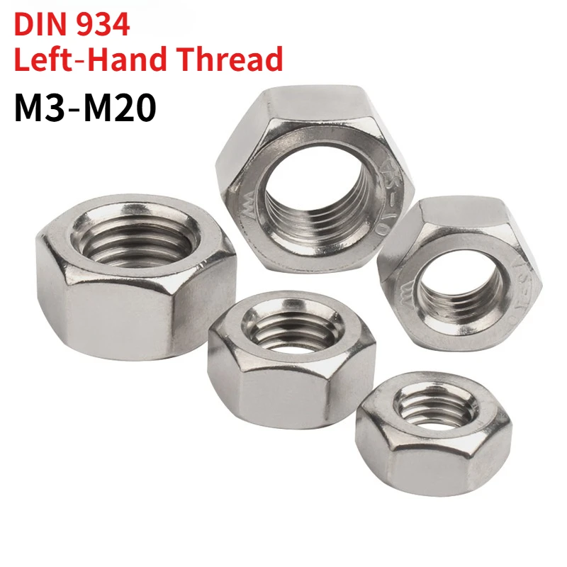 304 Stainless Steel Left Hand Hex Nut DIN934, A2‑70 Metric Reverse Thread Hexagon Nut, Counter‑Clockwise Fastener M3‑M20