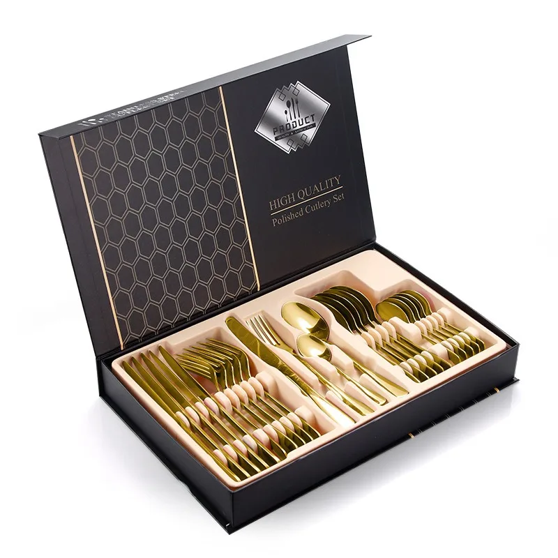 

Best-selling 2024 Stainless Steel 24-piece Silverware Box Spoon Fork Set Tableware Gold 24-piece Tableware Set