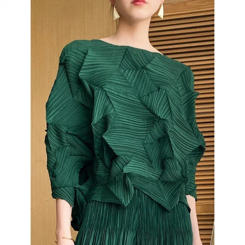 

ALSEY Elegant Diamond Pleated T-shirt Women 2024 Summer Fashion Three Quarter Sleeve O-neck Pullover Female Loose Clothing