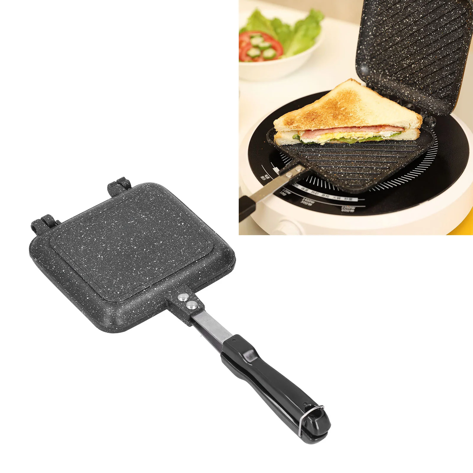

Двусторонняя сковорода для приготовления сэндвичей, антипригарная жаропрочная сковорода для приготовления сэндвичей Panini с ручкой, алюминиевая Флип-Сковорода для завтрака и хлеба