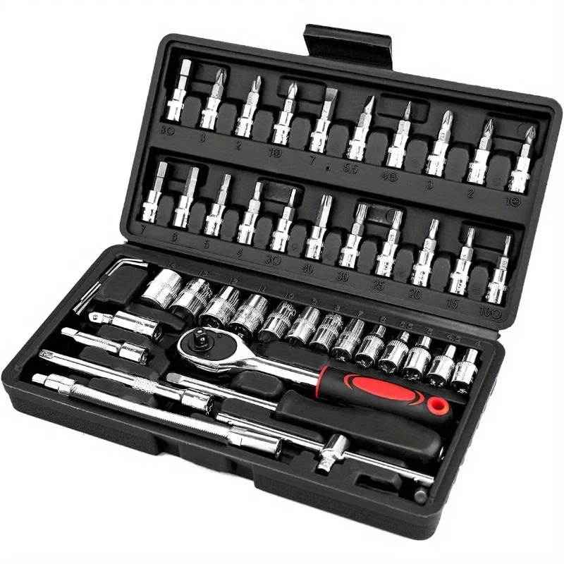 46pcs Ratchet Wrench Set with Chrome Vanadium Steel Sockets-Metric&Imperial,Ideal for Auto & Home Repairs, Durable Extension Bar