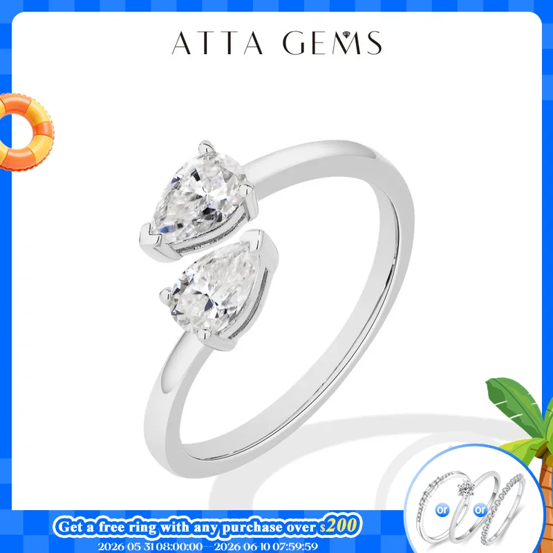 

ATTAGEMS 925 Sterling Silver Double Pear Cut Moissanite Rings for Women D VVS1 0.5ct Two Stones Open Ring Daily/Wedding Jewelry