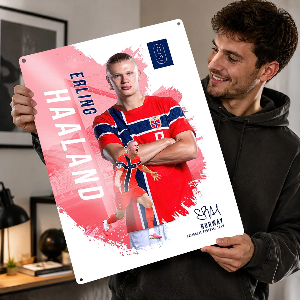 Erling Haaland Norway Football Printed Poster Customized Aluminum Metal Sign Bold Matchday Hero Wall Art Ideal For Sports Bars