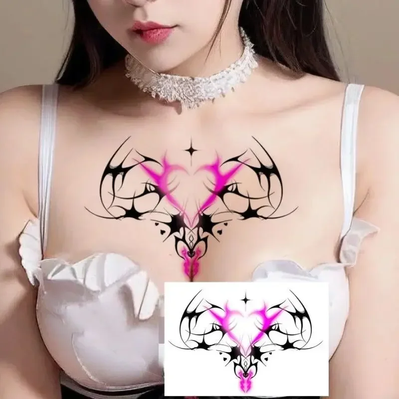 Succubus Heart Fake Tattoos for Women Temporary Tattoo Covering Scars Waterproof Art Hotwife Sexy Pink Wings Tattoo Sticker