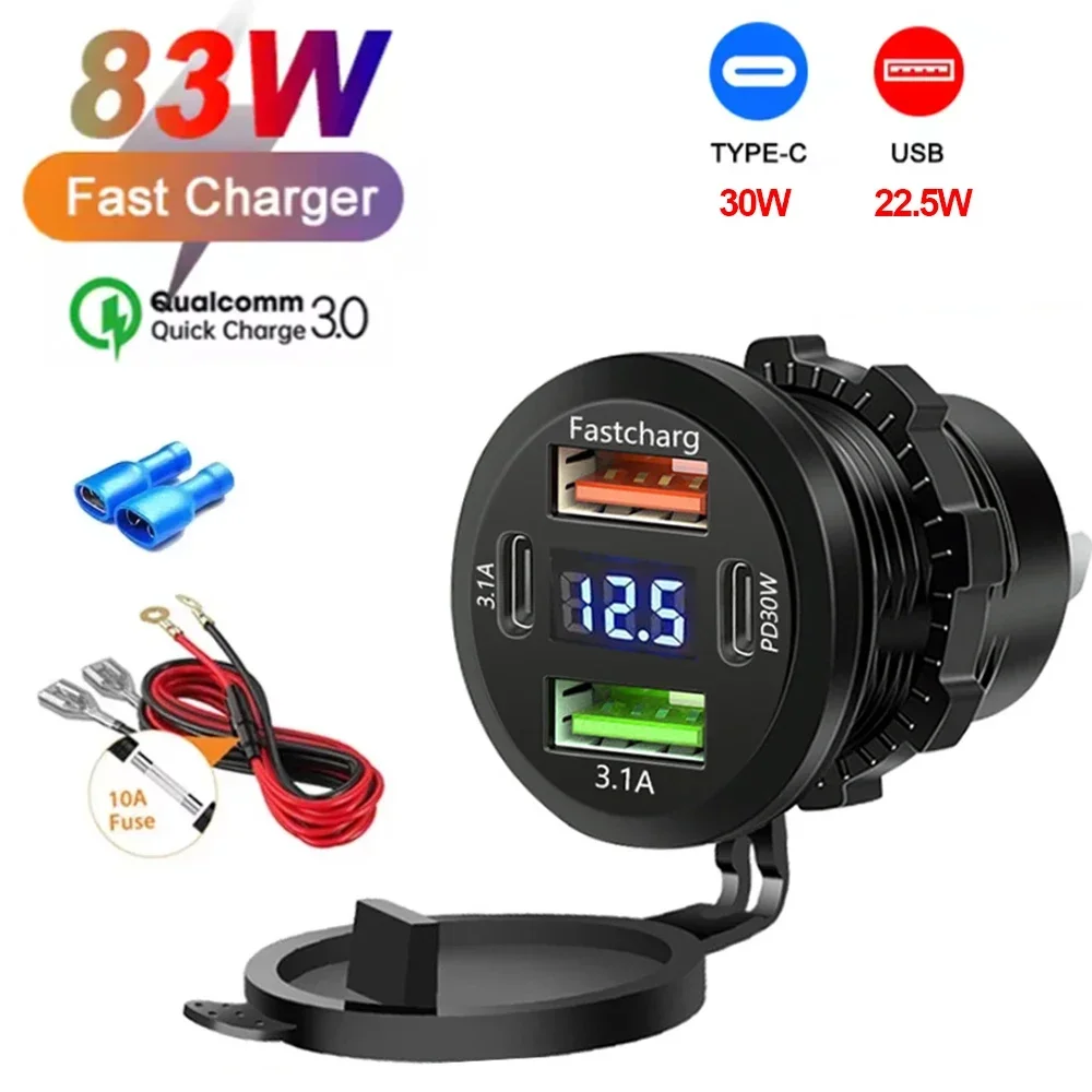 NOVO Carregador Veicular USB 117W com Dual PD e Dual QC 3.0, Adaptador de Tomada com Voltímetro à Prova d'Água para Carros e Barcos 12V/24V - Super Vendas