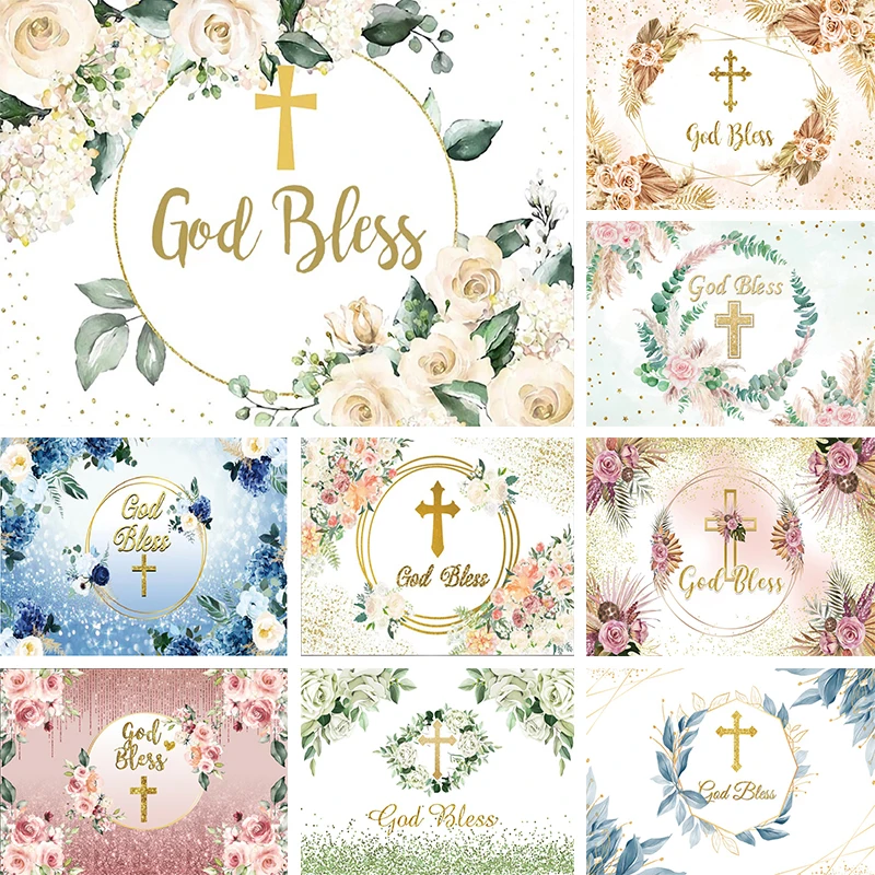 

God Bless Backdrop Personalized Baptism Party Rose Flowers Decoration Banner Pampas Grass Christening Background Photography