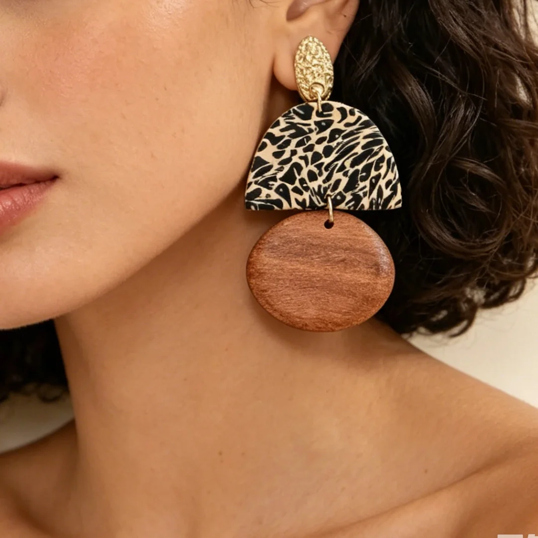 Women's Trendy Chic Leopard Print Polymer Clay Drop Earrings Brown Geometric Arch Irregular Dangle Safari Accessory