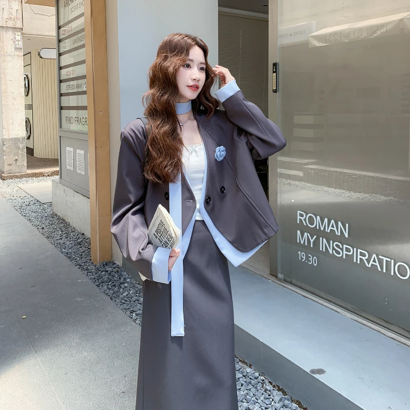 

Korean Style Commute Two-Piece Set Women's Autumn Elegant V-neck Color Blocking Suit Jacket+Solid Slimming Half Skirt