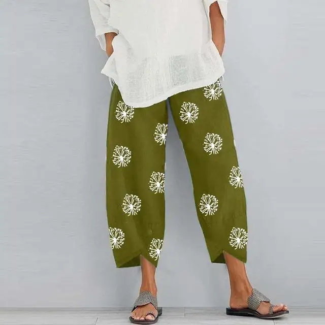Women Harem Pants Vintage Cotton Linen Elastic Waist Wide Leg Trousers Female Casual Solid Pockets Loose Cropped Pants