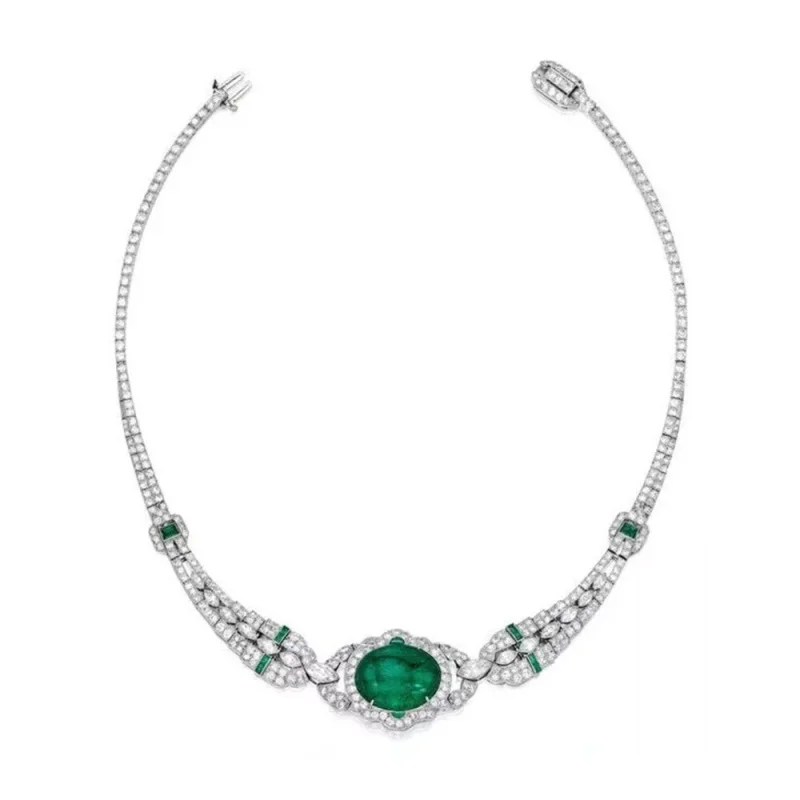 

Drop Chain Pure 925 Silver Gold-Plated Necklace with High-Carbon Diamonds & Emerald – Luxurious Banquet Jewelry, Versatile Women