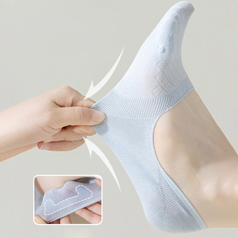 5Pairs Summer Mesh Invisible Socks Women Solid Colors Silicone Non-slip Breathable Comfor Low Cut Ultra-thin No Show Boat Sock image 3