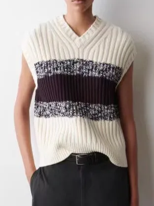 

Женский вязаный жилет Cosniu в полоску, свободного кроя, с V-образным вырезом, из смесовой шерсти, осенне-зимний, новинка, прямой крой, модный трикотаж