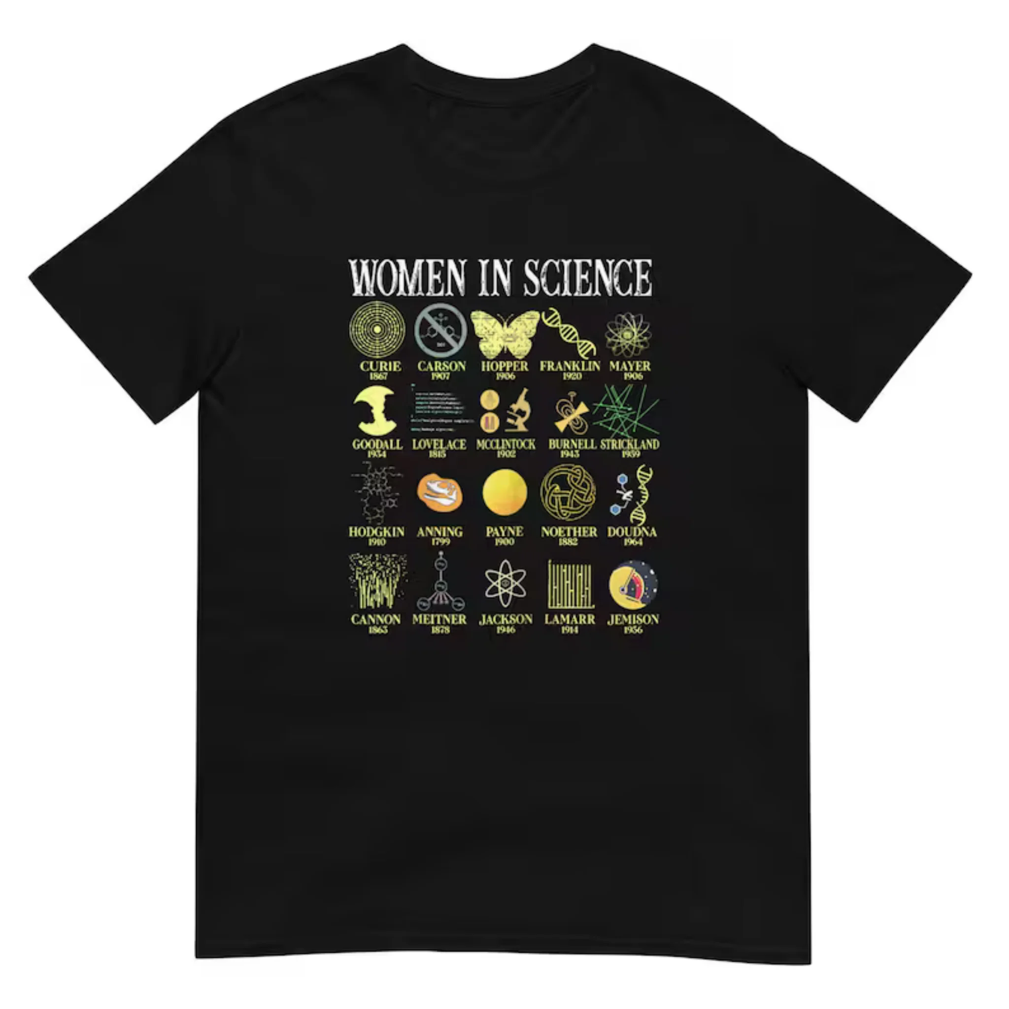 Women Short Sleeve T Shirt Women In Science Icon Symbols Famous Female Scientists Vintage Graphic Tee
