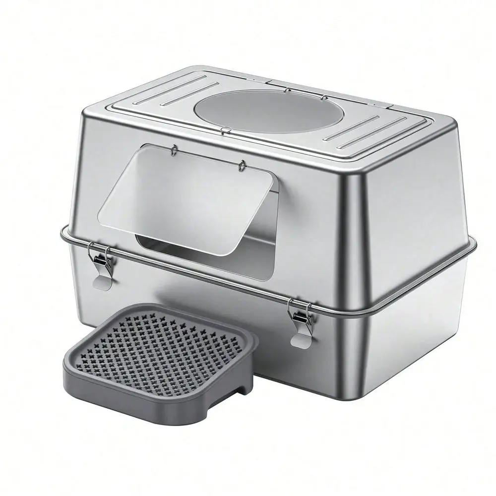 

In 1 Stainless Steel Cat Litter Box, Removable Lid For Open Or Covered Use, No Smell Easy Clean Design With Pedal Scoop For Ind