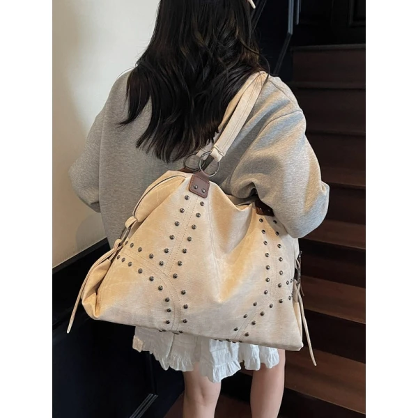 Retro Trend Riveted Handbag Women 2026, Vintage Fashionable Tote Bag, Simple and Large-capacity Pillow Designer Luxury Bag
