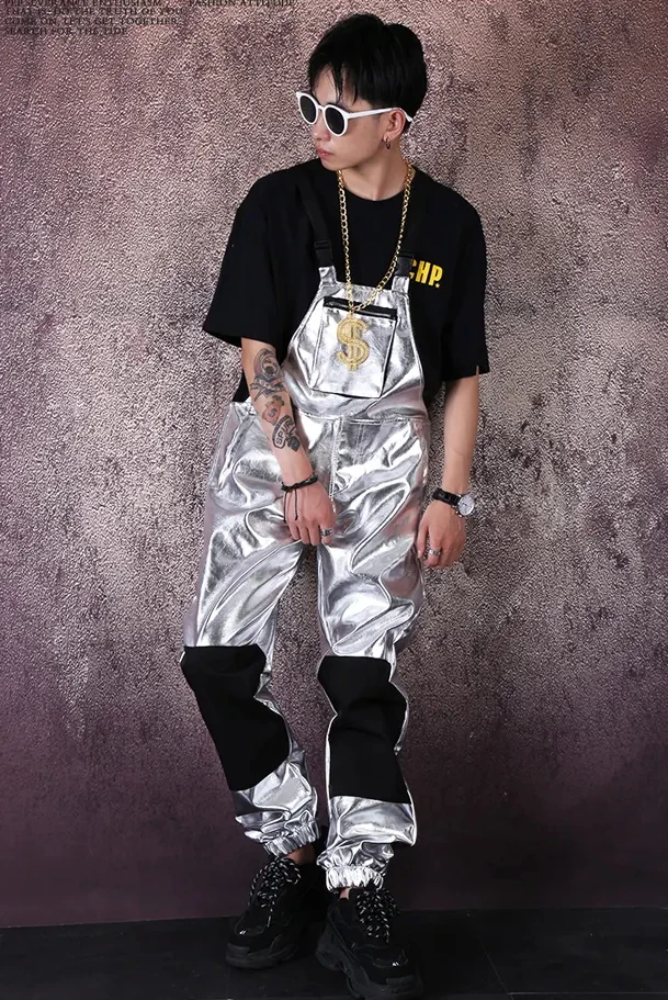 Fashion GOGO Dance DJ Costume Adult Male Hip Hop Dance Costume Silver Overall Men Hip Hop Pant Nightclub American Clothing