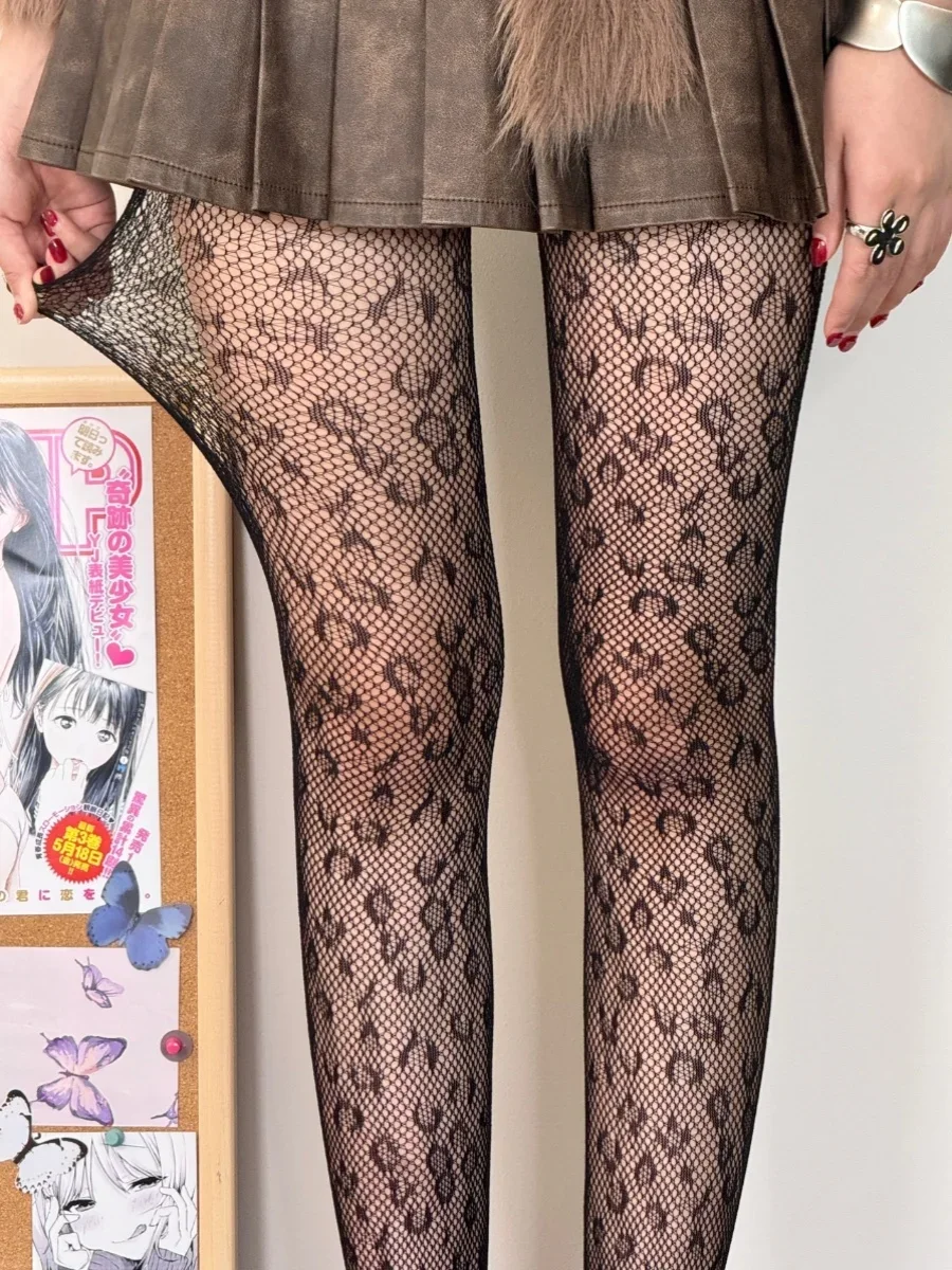 Pantyhose Women's Black Leopard Print Hollow Fishnet Stockings Sexy Thin Leg Shaping Leggings Four Seasons Universal Simplicity