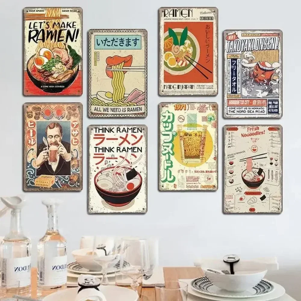 Vintage Japanese Foods: Sushi Poster Metal Plaque, Tin Sign, and Ramen & Beer Metal Plates for Wall Decoration in Kitchens,Homes