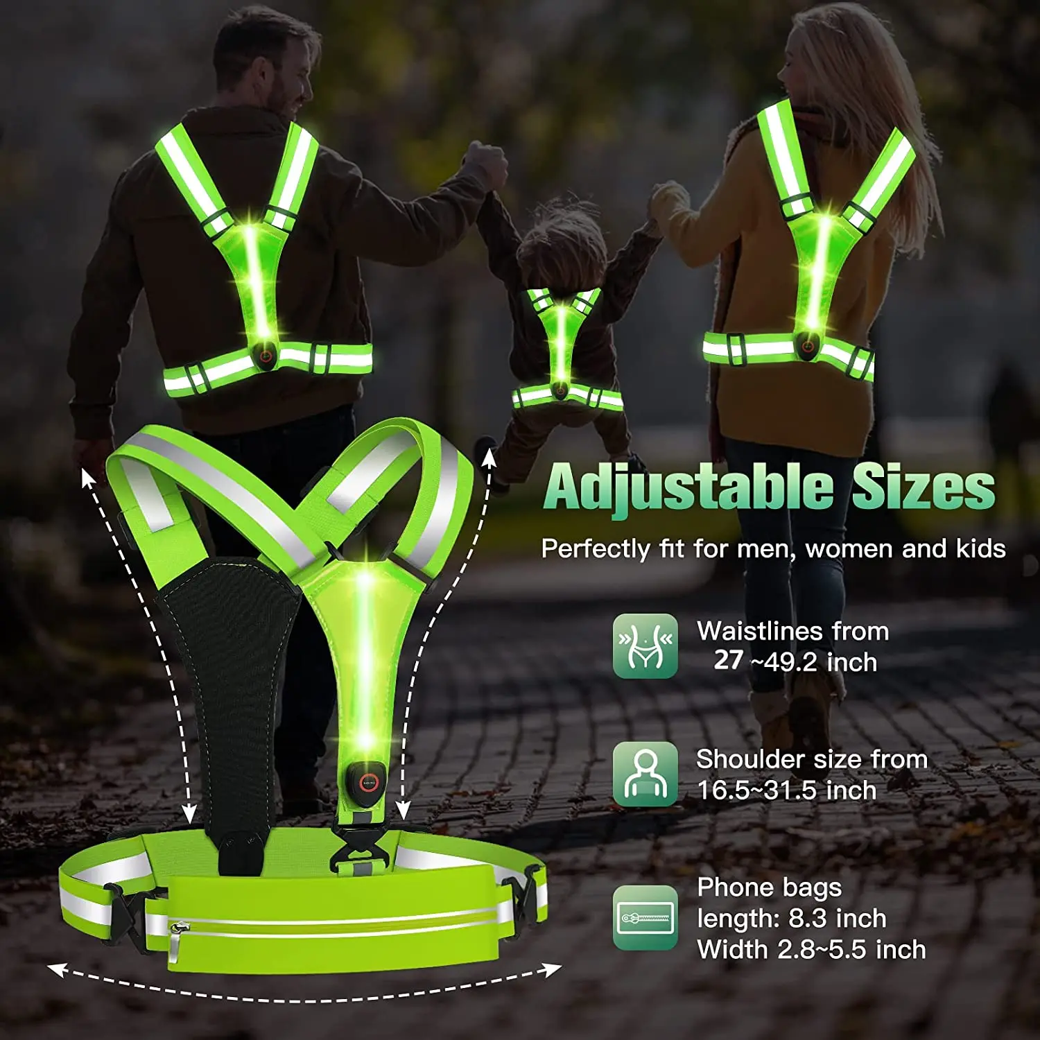 Upgraded LED Reflective Vest Running Gear, USB Rechargeable Running Gear Night Light up Vest Safety Gear Adjustable Size