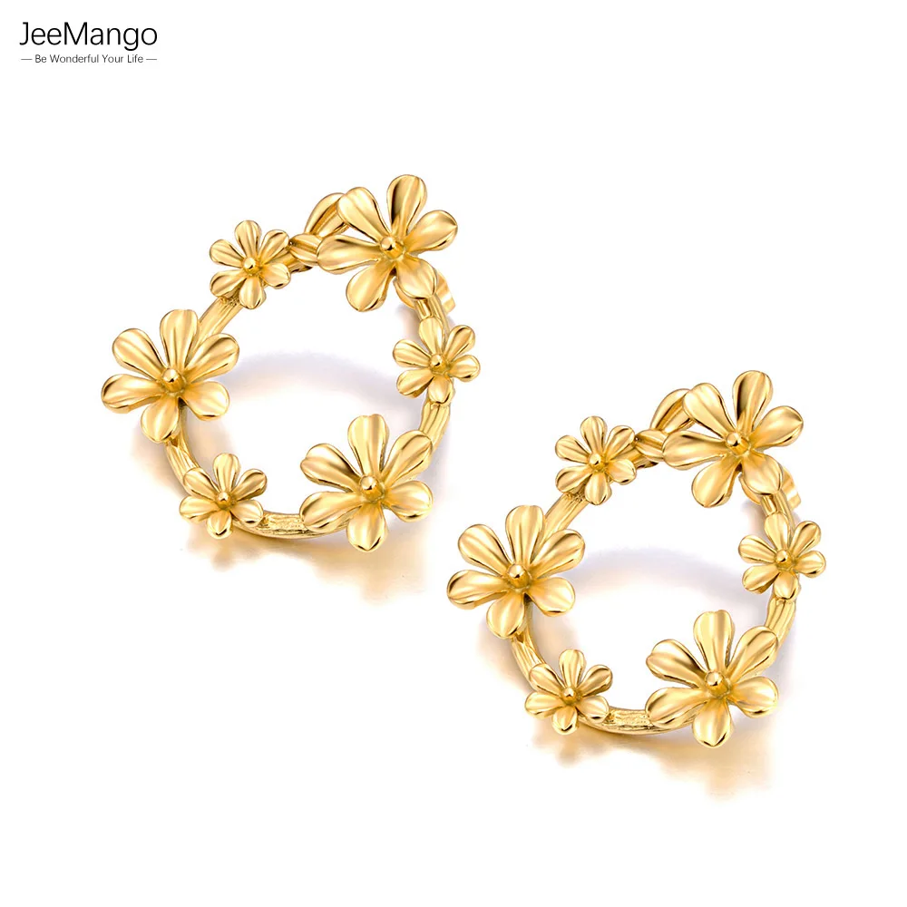 

JeeMango Fashion Stainless Steel Flower Stud Earrings 18K Gold Plated Prevent Allergy Exquisite Jewelry For Women aretes JE24134