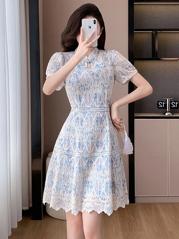 Chinese Style Elegant Summer Flower Embroidery Dress New Women Stand Collar Hollow Out High Waist Slim Prom Party Clothes