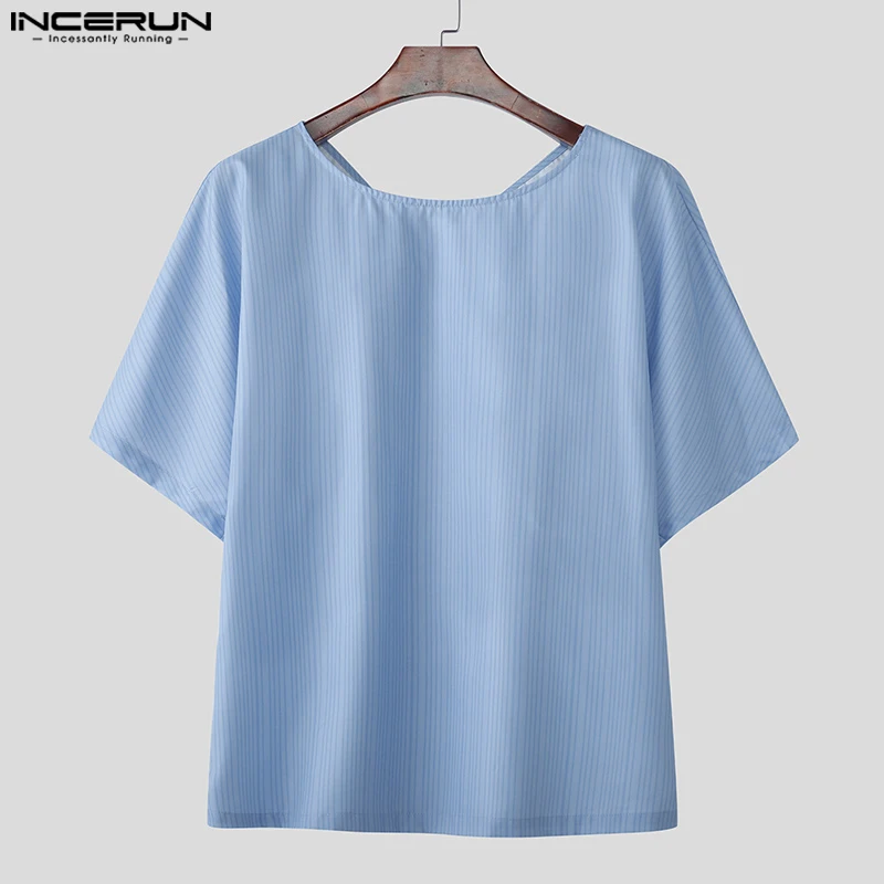 INCERUN الرجال تي شيرت مخطط س الرقبة قصيرة الأكمام Bowknot ملابس الرجال غير رسمية الشارع الشهير فضفاضة أنيقة للجنسين المحملة القمم الموضة