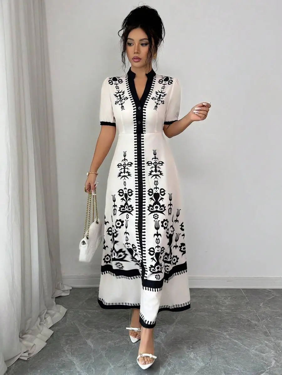 

Elegant White Black Floral Print V-Neck Short Sleeve Maxi Dress