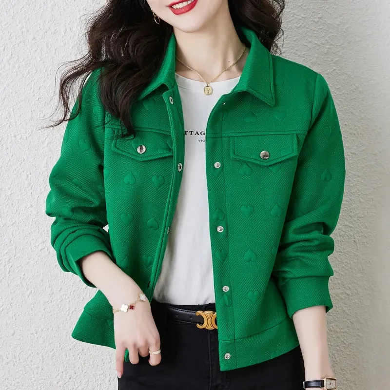 

Women's Spring Autumn Coat 2024 New Fashion Apricot Green Jacquard Style Versatile Baseball Jacket Short Top Female Outerwear