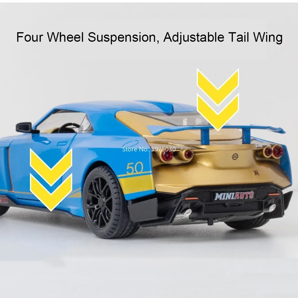 Model samochodu GTR50 GTR R34 w skali 1:24, zabawki, modele ze stopu, odlewane pojazdy, dźwięk i światło, napęd na sprężynę, miniaturowy samochód, prezent urodzinowy dla chłopców