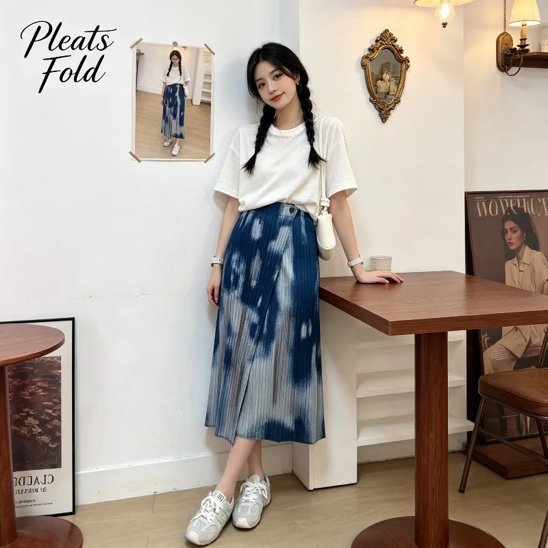 Miyake Pleated 2026 Summer New Original Retro Print Tie-Dye Pleated Skirt Women High Waist Niche Design Mid-Length Skirt Pleat