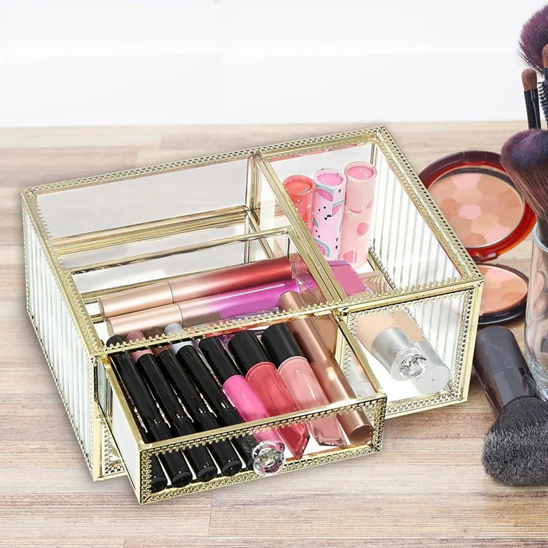 Glass Organizer Elegant Vanity Storage With Touch Of Gold, Great For Lipsticks And Brushes, Clear Visibility