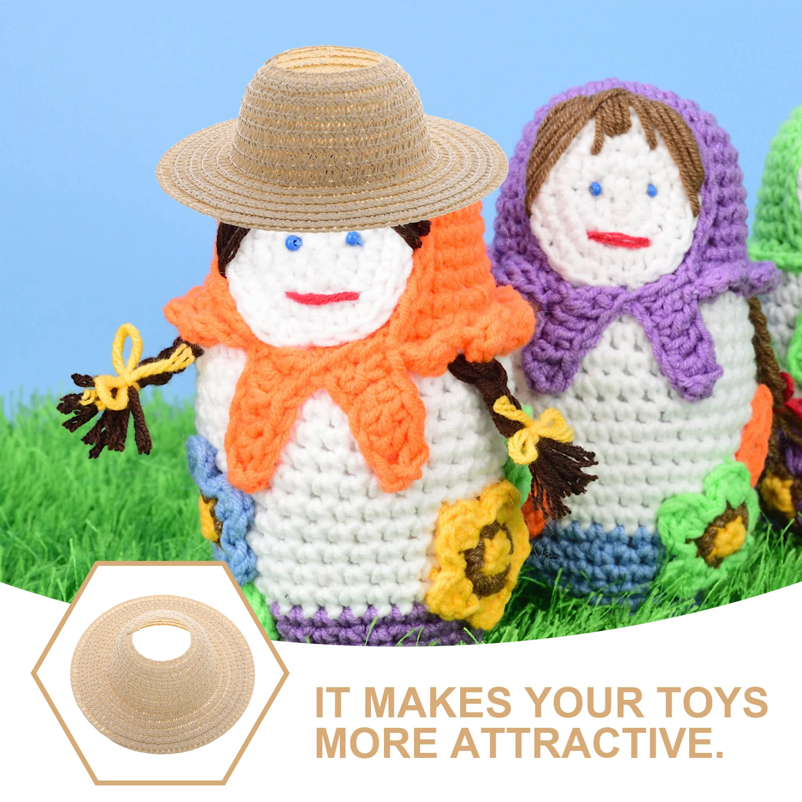 Miniature Straw Hats 13Cm Hand Knitted Hat For Sun Protection Summer Outings Dollhouse Party Decorations Accessories