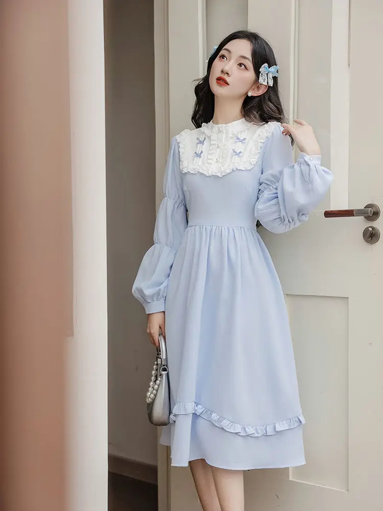 Dress With High Sense Bow Lantern Sleeve Sweet Blue Princess Lolita Dress Female Retro Victorian Style Cute Loose Casual Dress