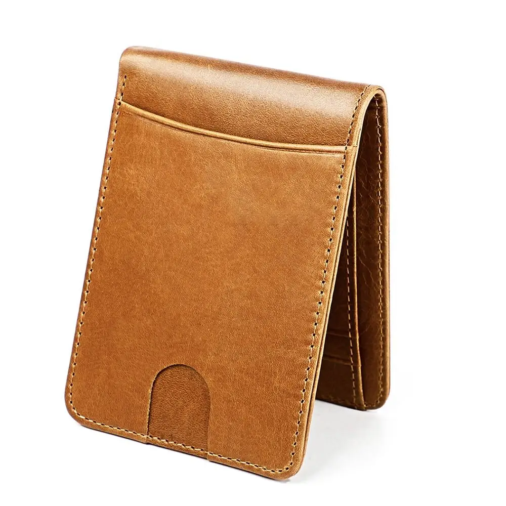 Minimalist Men's Leather Slim Wallet ID Window Cowhide Leather RFID Blocking Card Holder 6 Card Slots Low Profile