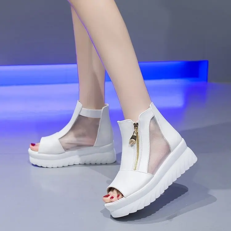 

Лето 2023, кроссовки на платформе, женские сандалии из губки на толстой подошве, новые повседневные римские туфли с сеткой «рыбий рот», женские туфли на танкетке и высоком каблуке