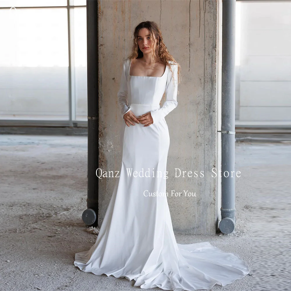 Qanz clássico branco vestido de casamento pescoço quadrado mangas compridas sereia vestidos de novia trem longo robe de mariée civi personalizado