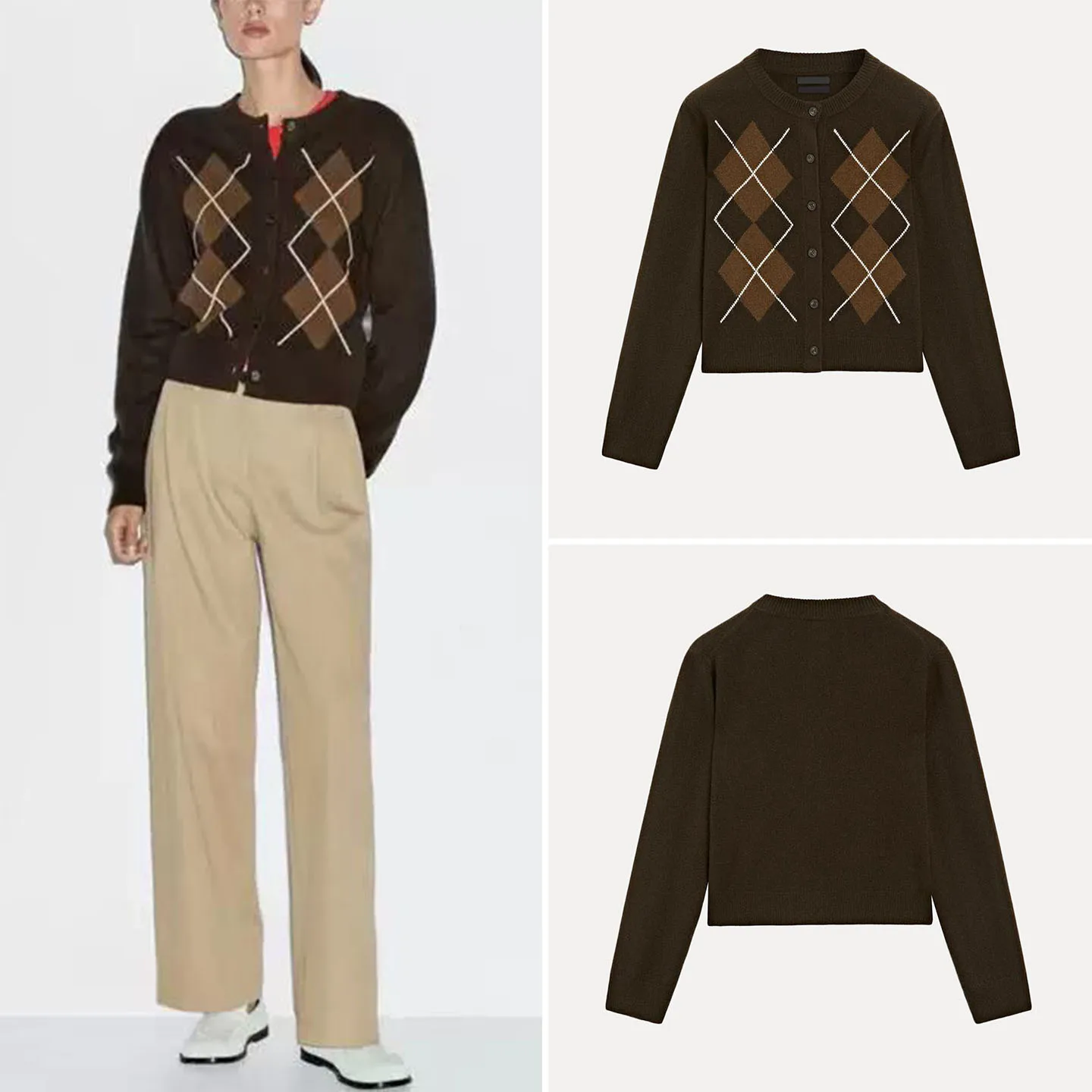 

Женский круглый открытый кардиган с ромбовидным узором, вязаный свитер, осенний новый европейский бренд Sle Z