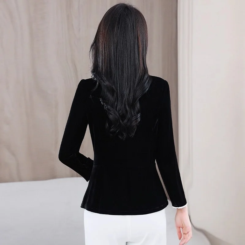 2026 Spring Autumn Casual Shirt With Beaded Round Neck, Gold Velvet Blazer Women's Short Jacket, Vintage Slim Suit Top w1675