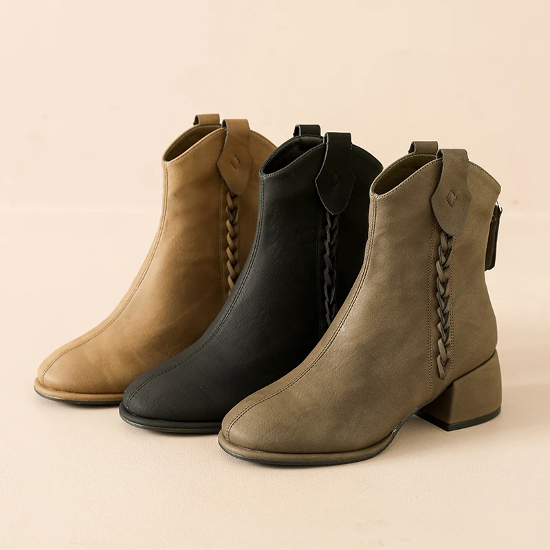Women Ankle Short Boots Leather Chunky Fashion Mid Heels Shoes 2025 Winter Pumps New Trend Casual Cozy Woman Chelsea Botas Mujer
